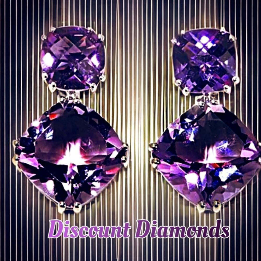 Purple Cushion Cut Amethyst Stud Back Earrings on 925 Sterling Silver - Womens